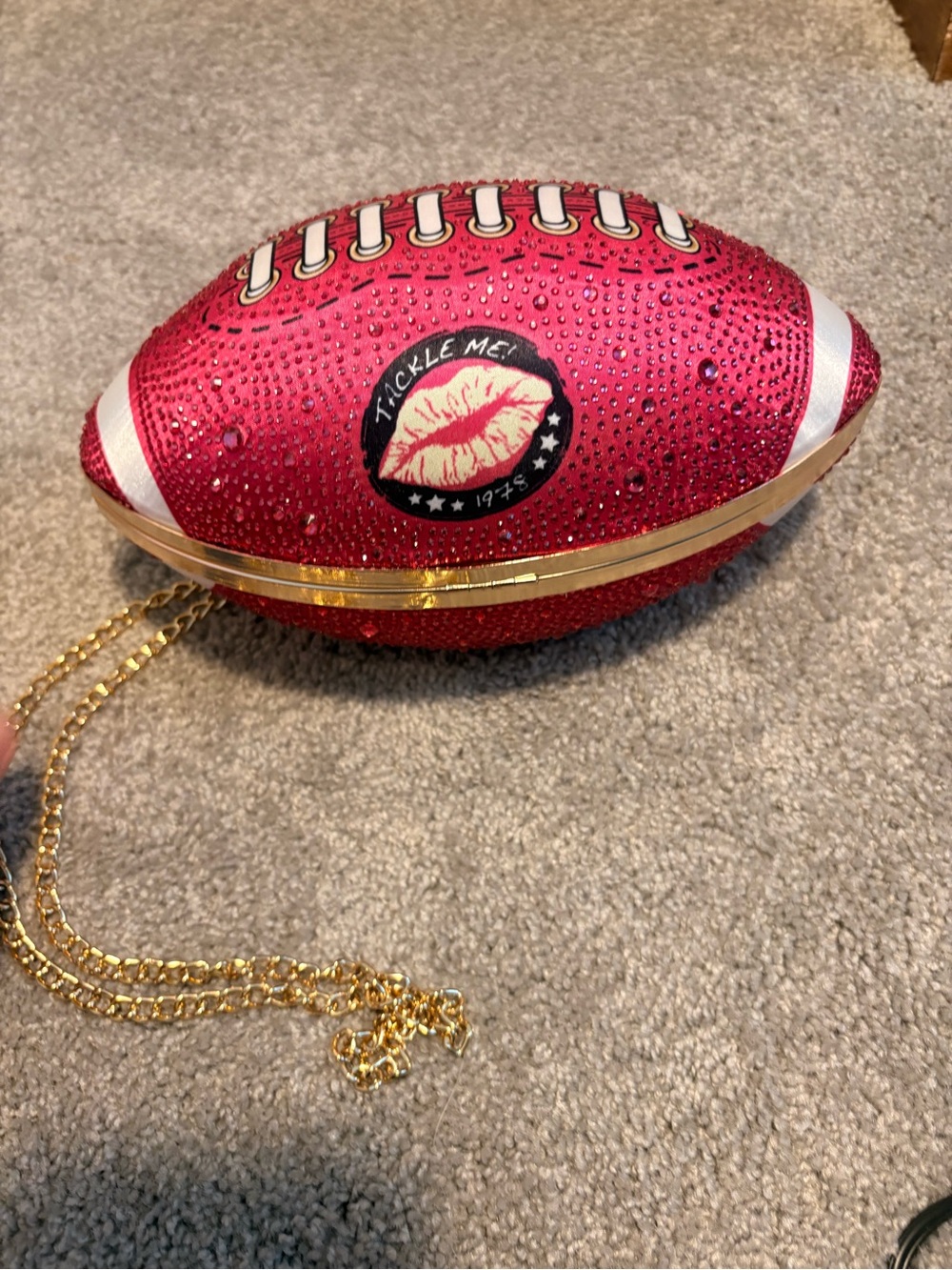 Betsy Johnson embellished Tackle Me pink Crystal Football Clutch w/gold Chain